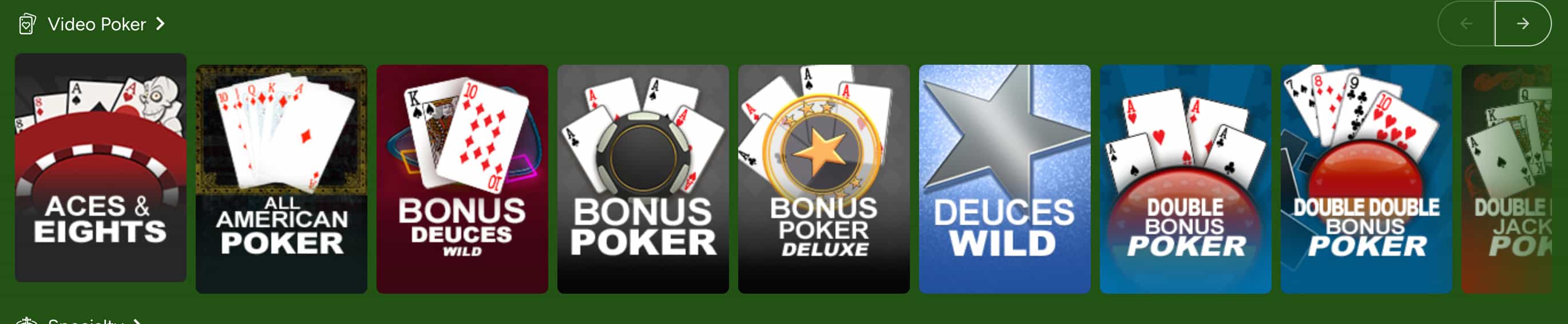 Illustration of Springbok Casino game categories including tables, video poker and specialty titles